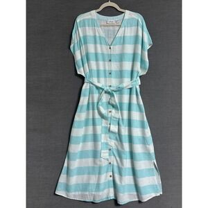 Denim Co Dress 1X Blue White Striped Linen Blend Belted Midi Vacation Beach Boho